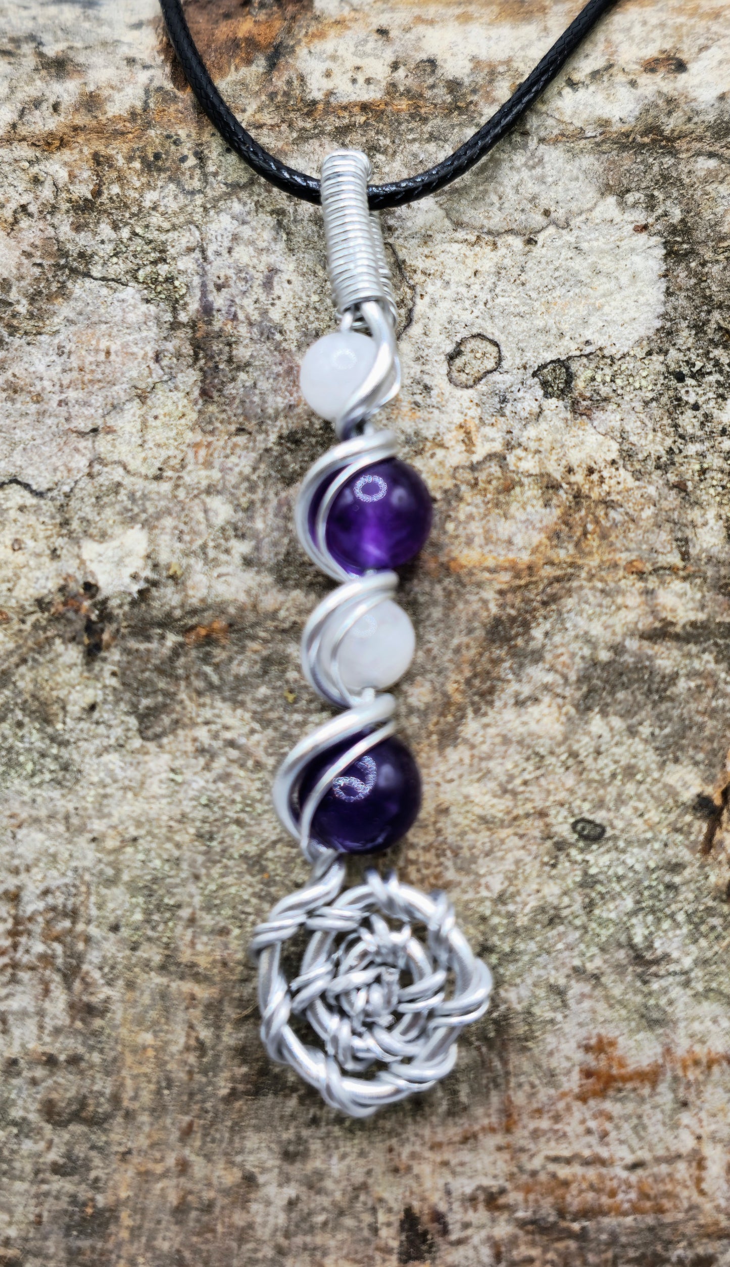 Rose Quartz and Amethyst twisted spiral pendant