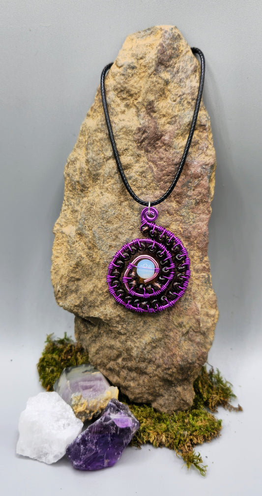 Opalite and purple beaded spiral pendant