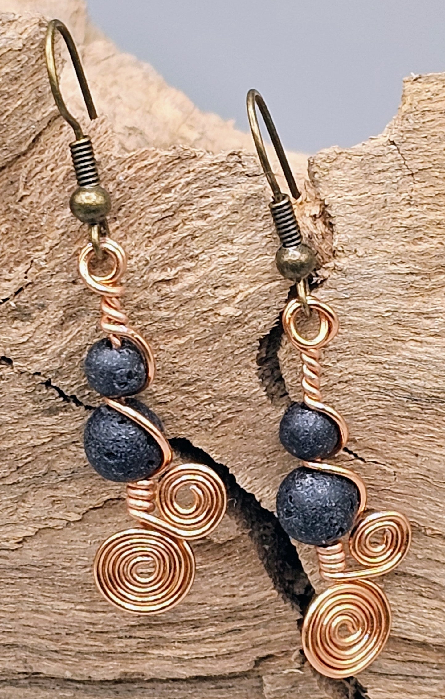Double lava and spiral copper earrings