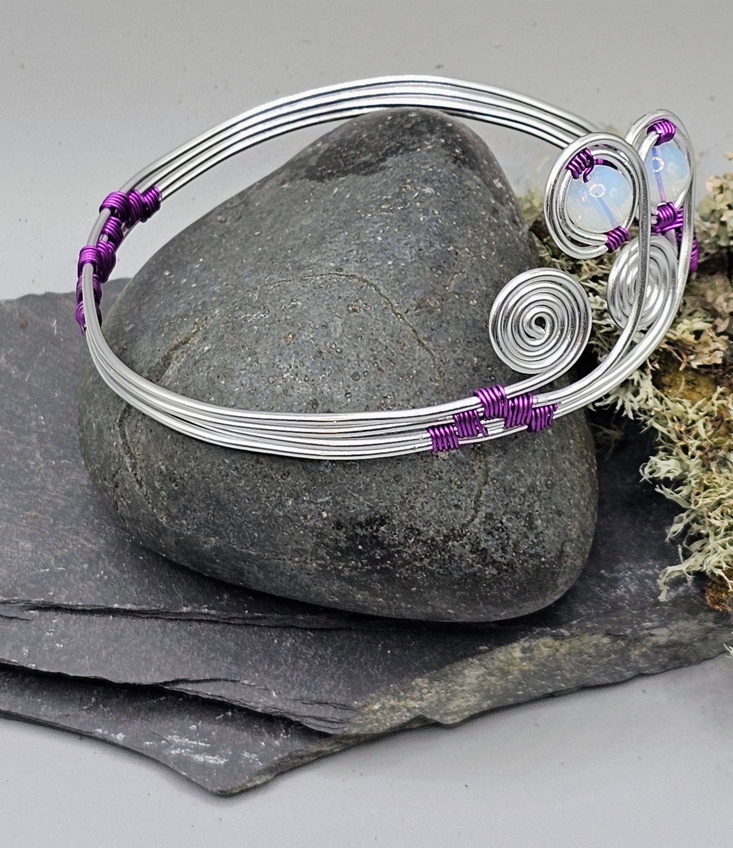 Silver and purple spiral cuff