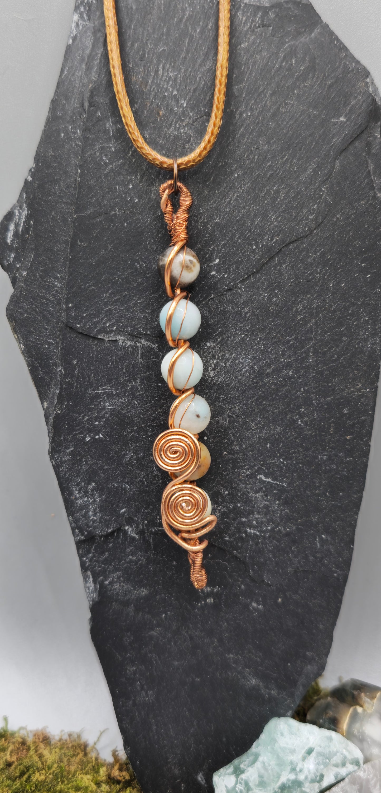 6 Amazonite beads, 2 spiral copper pendant