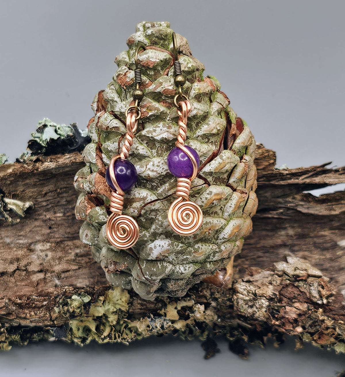 Amethyst and copper spiral earrings