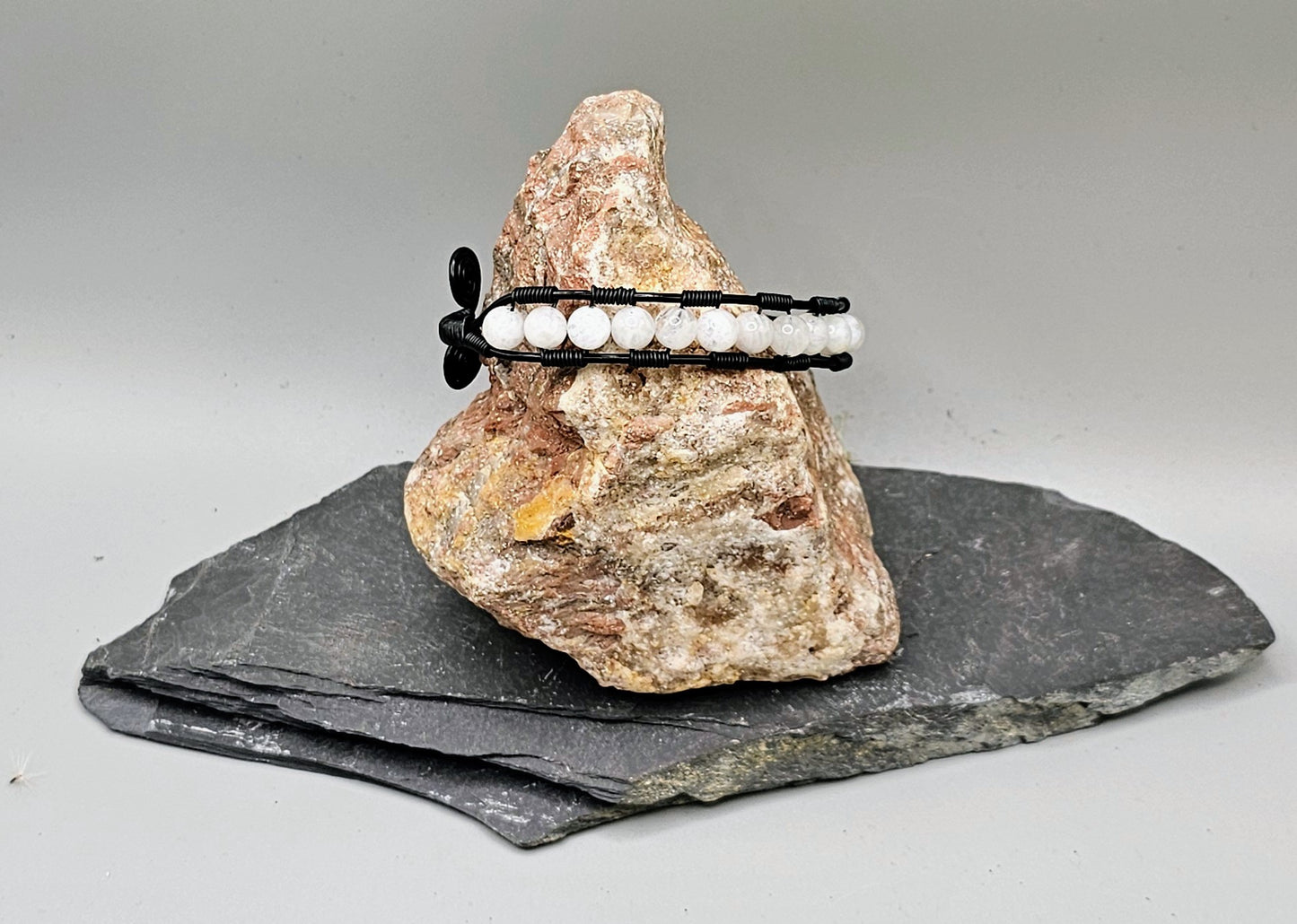 Moonstone and black spiral bracelet