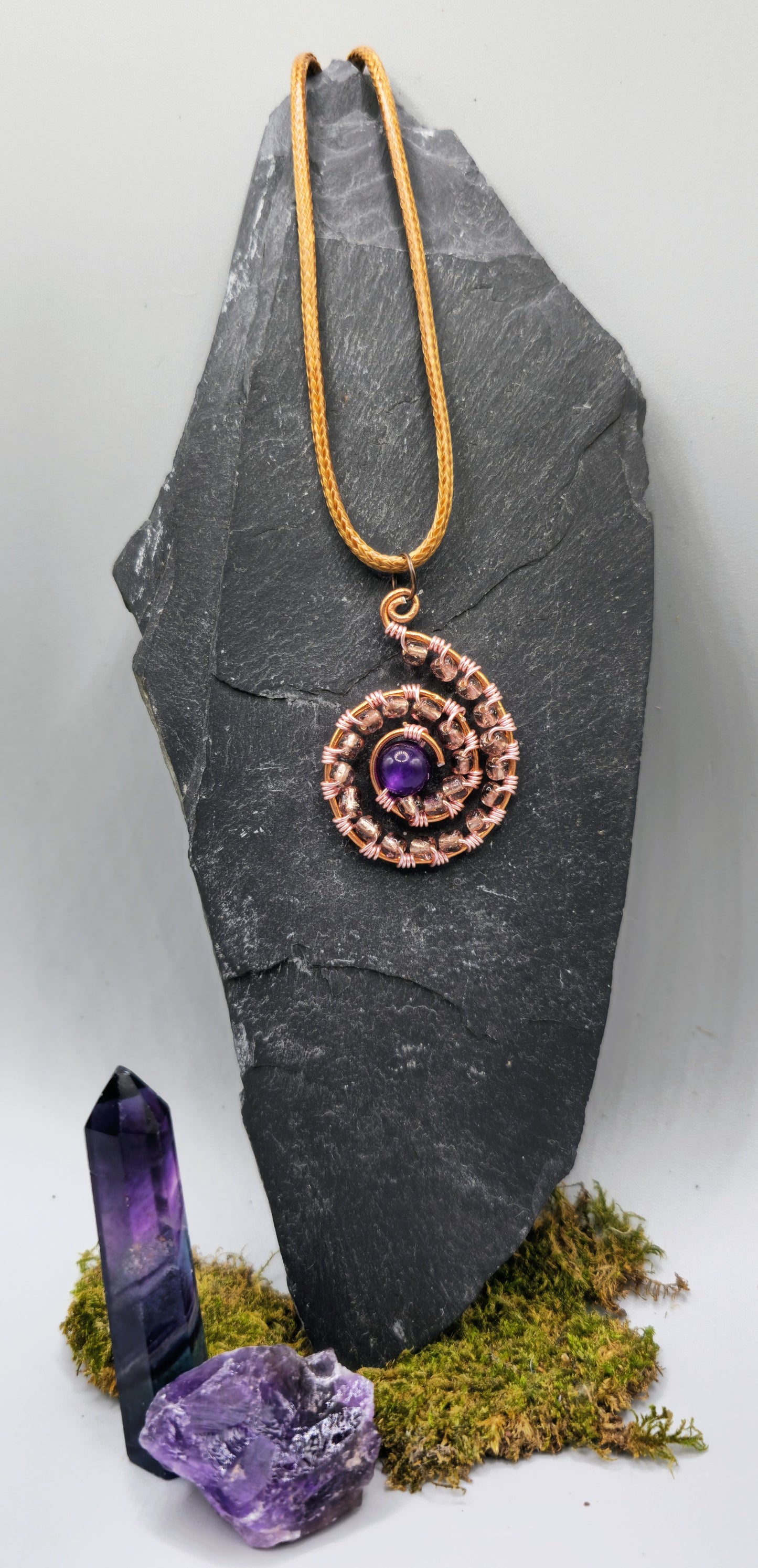 Amethyst and wire wrapped bead spiral pendant