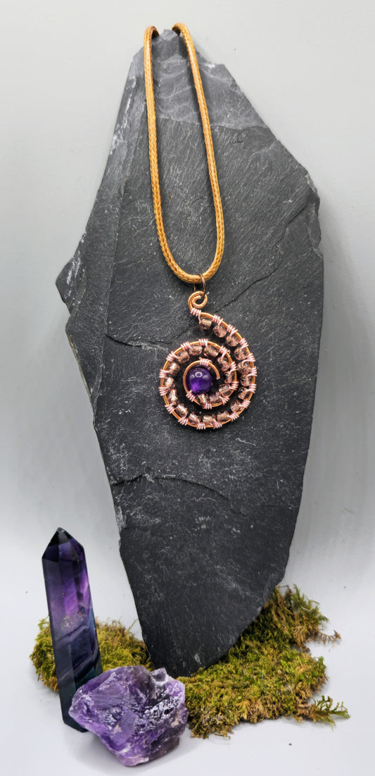 Amethyst and wire wrapped bead spiral pendant