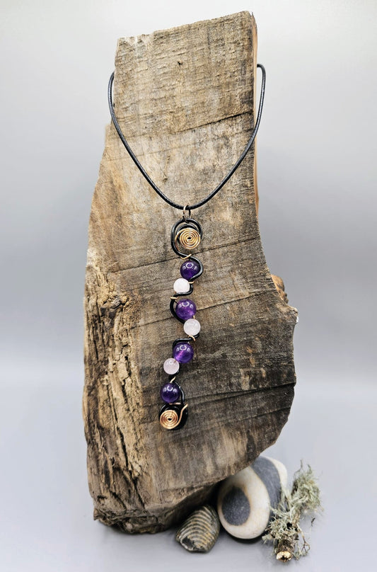 Amethyst and Rose Quartz squiggle pendant