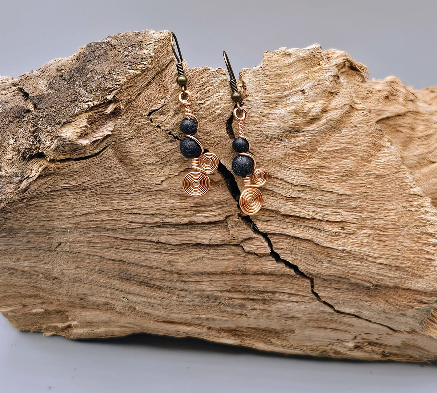 Double lava and spiral copper earrings