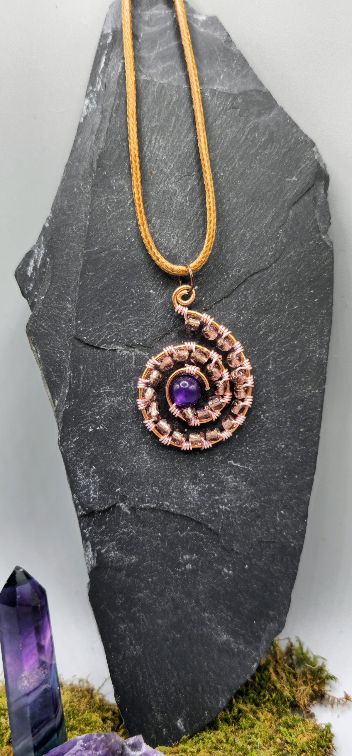 Amethyst and wire wrapped bead spiral pendant