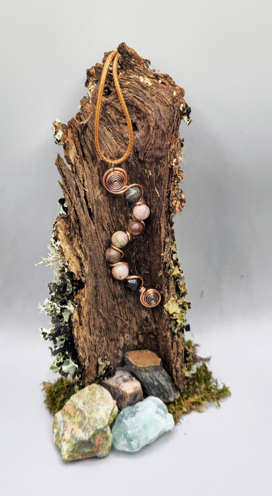 7 bead Rhodonite wavy pendant