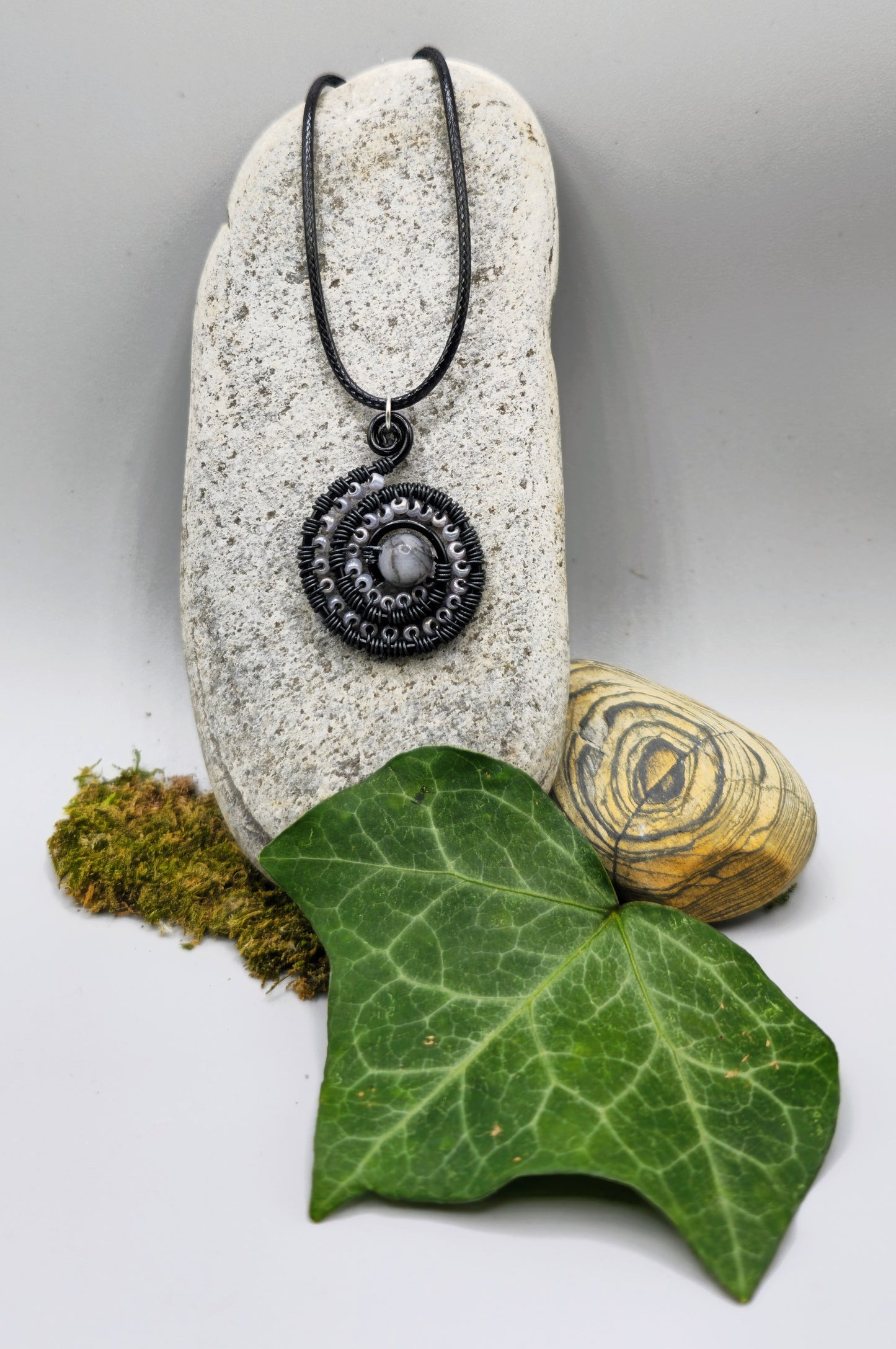 Rhodonite and grey bead spiral pendant